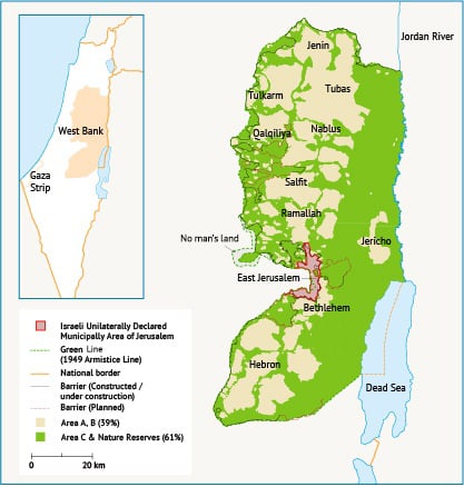 توزع المناطق أ، ب، ج في الضفة الغربية - فلسطين